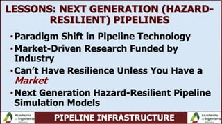 PIPELINE INFRASTRUCTURE
LESSONS: NEXT GENERATION (HAZARD-
RESILIENT) PIPELINES
•Paradigm Shift in Pipeline Technology
•Market-Driven Research Funded by
Industry
•Can’t Have Resilience Unless You Have a
Market
•Next Generation Hazard-Resilient Pipeline
Simulation Models
 