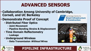 PIPELINE INFRASTRUCTURE
ADVANCED SENSORS
• Collaboration Among University of Cambridge,
Cornell, and UC Berkeley
• Demonstrate Proof of Concept
• Distributed Fiber Optics
• Joint Movement
• Pipeline Bending Strains & Displacement
• Time Domain Reflectometry
• Leakage
• Underground Wireless
• Data Transmission Without Wires
 
