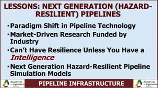 PIPELINE INFRASTRUCTURE
LESSONS: NEXT GENERATION (HAZARD-
RESILIENT) PIPELINES
•Paradigm Shift in Pipeline Technology
•Market-Driven Research Funded by
Industry
•Can’t Have Resilience Unless You Have a
Intelligence
•Next Generation Hazard-Resilient Pipeline
Simulation Models
 