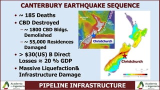 PIPELINE INFRASTRUCTURE
CANTERBURY EARTHQUAKE SEQUENCE
• ~ 185 Deaths
• CBD Destroyed
– ~ 1800 CBD Bldgs.
Demolished
– ~ 55,000 Residences
Damaged
• > $30(US) B Direct
Losses ≈ 20 % GDP
• Massive Liquefaction&
Infrastructure Damage
Christchurch
Christchurch
 