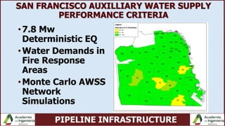PIPELINE INFRASTRUCTURE
SAN FRANCISCO AUXILLIARY WATER SUPPLY
PERFORMANCE CRITERIA
•7.8 Mw
Deterministic EQ
•Water Demands in
Fire Response
Areas
•Monte Carlo AWSS
Network
Simulations
 