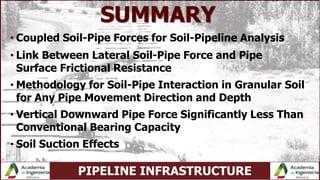 PIPELINE INFRASTRUCTURE
SUMMARY
• Coupled Soil-Pipe Forces for Soil-Pipeline Analysis
• Link Between Lateral Soil-Pipe Force and Pipe
Surface Frictional Resistance
• Methodology for Soil-Pipe Interaction in Granular Soil
for Any Pipe Movement Direction and Depth
• Vertical Downward Pipe Force Significantly Less Than
Conventional Bearing Capacity
• Soil Suction Effects
 