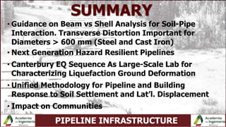 PIPELINE INFRASTRUCTURE
SUMMARY
• Guidance on Beam vs Shell Analysis for Soil-Pipe
Interaction. Transverse Distortion Important for
Diameters > 600 mm (Steel and Cast Iron)
• Next Generation Hazard Resilient Pipelines
• Canterbury EQ Sequence As Large-Scale Lab for
Characterizing Liquefaction Ground Deformation
• Unified Methodology for Pipeline and Building
Response to Soil Settlement and Lat’l. Displacement
• Impact on Communities
 