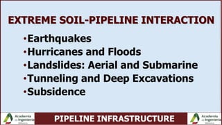 PIPELINE INFRASTRUCTURE
EXTREME SOIL-PIPELINE INTERACTION
•Earthquakes
•Hurricanes and Floods
•Landslides: Aerial and Submarine
•Tunneling and Deep Excavations
•Subsidence
 
