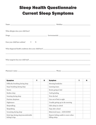 Sleep Health Questionnaire
Current Sleep Symptoms
Symptom Y N Symptom Y N
Difficulty breathing during sleep Morning headaches
Stops breathing during sleep Learning issues
Snores Resists going to bed
Restless sleep Teeth grinding
Sweating during sleep Wets the bed
Daytime sleepiness Gets out of bed at night
Nightmares Trouble getting up in the morning
Sleepwalking Falls asleep in school
Sleeptalking Naps after school
Screaming during sleep Behavioral issues – ADD/ADHD
Kicks legs during sleep/uncomfortable
feeling in legs
Reports feeling unable to move when
falling asleep
Name:	Birthday:
What allergies does your child have?
Drugs:	Environmental:
Does your child have asthma? Y N
What diagnosed health conditions does your child have?
What surgeries has your child had?
Physician’s name:	 Phone:
 