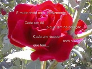 Cada um dáCada um dá
o que tem no coração...o que tem no coração...
Cada um recebeCada um recebe
com o coraçãocom o coração
que tem...que tem...
É muito triste mas, infelizmente,...É muito triste mas, infelizmente,...
 