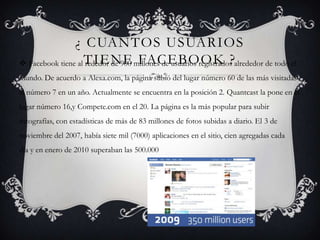 ¿ CUANTOS USUARIOS
 Facebook tiene al TIENE millones de usuarios registrados alrededor de todo el
                    rededor de 900 FACEBOOK ?
mundo. De acuerdo a Alexa.com, la página subió del lugar número 60 de las más visitadas
al número 7 en un año. Actualmente se encuentra en la posición 2. Quantcast la pone en el
lugar número 16,y Compete.com en el 20. La página es la más popular para subir
fotografías, con estadísticas de más de 83 millones de fotos subidas a diario. El 3 de
noviembre del 2007, había siete mil (7000) aplicaciones en el sitio, cien agregadas cada
día y en enero de 2010 superaban las 500.000
 