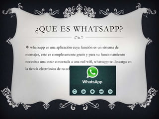 ¿QUE ES WHATSAPP?

 whatsapp es una aplicación cuya función es un sistema de
mensajes, este es completamente gratis y para su funcionamiento
necesitas una estar conectada a una red wifi, whatsapp se descarga en
la tienda electrónica de tu celular.
 