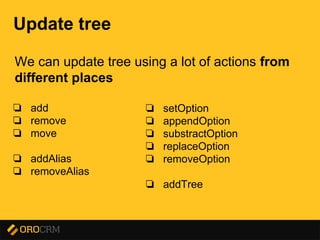 Presentation title here
Update tree
We can update tree using a lot of actions from
different places
❏ add
❏ remove
❏ move
❏ addAlias
❏ removeAlias
❏ setOption
❏ appendOption
❏ substractOption
❏ replaceOption
❏ removeOption
❏ addTree
 