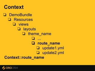 Presentation title here
Context
❏ DemoBundle
❏ Resources
❏ views
❏ layouts
❏ theme_name
❏ ...
❏ route_name
❏ update1.yml
❏ update2.yml
Context::route_name
 