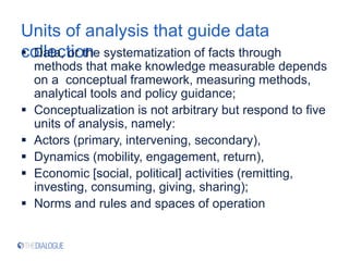 Units of analysis that guide data
collection
 Data, or the systematization of facts through
methods that make knowledge measurable depends
on a conceptual framework, measuring methods,
analytical tools and policy guidance;
 Conceptualization is not arbitrary but respond to five
units of analysis, namely:
 Actors (primary, intervening, secondary),
 Dynamics (mobility, engagement, return),
 Economic [social, political] activities (remitting,
investing, consuming, giving, sharing);
 Norms and rules and spaces of operation
 