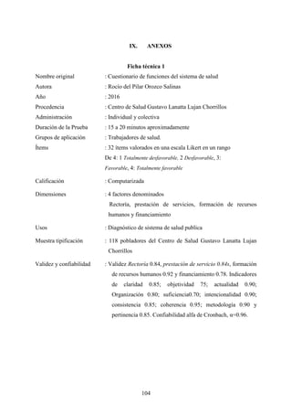 104
IX. ANEXOS
Ficha técnica 1
Nombre original : Cuestionario de funciones del sistema de salud
Autora : Rocío del Pilar Orozco Salinas
Año : 2016
Procedencia : Centro de Salud Gustavo Lanatta Lujan Chorrillos
Administración : Individual y colectiva
Duración de la Prueba : 15 a 20 minutos aproximadamente
Grupos de aplicación : Trabajadores de salud.
Ítems : 32 ítems valorados en una escala Likert en un rango
De 4: 1 Totalmente desfavorable, 2 Desfavorable, 3:
Favorable, 4: Totalmente favorable
Calificación : Computarizada
Dimensiones : 4 factores denominados
Rectoría, prestación de servicios, formación de recursos
humanos y financiamiento
Usos : Diagnóstico de sistema de salud publica
Muestra tipificación : 118 pobladores del Centro de Salud Gustavo Lanatta Lujan
Chorrillos
Validez y confiabilidad : Validez Rectoría 0.84, prestación de servicio 0.84s, formación
de recursos humanos 0.92 y financiamiento 0.78. Indicadores
de claridad 0.85; objetividad 75; actualidad 0.90;
Organización 0.80; suficiencia0.70; intencionalidad 0.90;
consistencia 0.85; coherencia 0.95; metodología 0.90 y
pertinencia 0.85. Confiabilidad alfa de Cronbach, α=0.96.
 