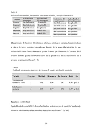 59
Tabla 3
Validez de cuestionarios funciones de los sistemas de salud y satisfacción sanitaria
El cuestionario de funciones del sistema de salud y de satisfacción sanitaria, fueron sometidos
a criterio de jueces expertos, integrado por docentes de la universidad científica del sur,
universidad Ricardo Palma, doctores en gestión de salud que laboran en el Centro de Salud
Gustavo Lanatta, quienes informaron acerca de la aplicabilidad de los cuestionarios de la
presente investigación (Tablas 4 y 5).
Tabla 4
Validez de instrumentos: funciones del sistema de salud y satisfacción sanitaria
Variable Expertos Claridad Relevancia Pertinencia Total Sig
Funciones del
sistema de salud 5 0.95 0.96 0.97 0.96 p<0.05
Satisfacción
sanitaria 5 0.97 0.97 0.96 0.97 p<0.05
Prueba de confiabilidad
Según Hernández, et al (2010), la confiabilidad de un instrumento de medición “es el grado
en que un instrumento produce resultados consistentes y coherentes”. (p. 200).
 