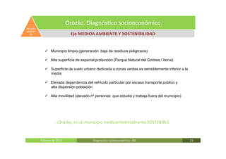 Orozko. Diagnóstico socioeconómico
MEDIOA
MBIENT
  AL                        Eje MEDIOA AMBIENTE Y SOSTENIBILIDAD


                Municipio limpio,(generación baja de residuos peligrosos).

               Alta superficie de especial protección (Parque Natural del Gorbea / Itxina).

                Superficie de suelo urbano dedicada a zonas verdes es sensiblemente inferior a la
                media

                Elevada dependencia del vehículo particular por escaso transporte público y
                alta dispersión población

               Alta movilidad (elevado nº personas que estudia y trabaja fuera del municipio)




                   …Orozko, es un municipio medioambientalmente SOSTENIBLE


         Febrero de 2011                 Diagnóstico socieoconómico- IBE                            23
 