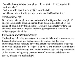 Does the business have enough people (capacity) to accomplish its
business plan?
Do the people have the right skills (capability)?
Are the people going to be there when needed (availability)?
Net operational risk
Operational risks should be evaluated net of risk mitigants. For example, if
one has insurance to cover a potential fraud then one needs to adjust the
degree of fraud risk by the amount of insurance. We expect over time that
insurance products will play can increasingly larger role in the area of
mitigating operational risk.
Connectivity and interdependencies
The headline risk categories cannot be viewed in isolation from one another.
Figure, illustrates the idea that one needs to examine the degree of
interconnected risk exposure across the headline operational risk categories
in order to understand the full impact of any risk. For example, assume that a
business unit is introducing a new computer technology. The implementation
of that new technology may generate a set of interconnected risks across
people, process and technology.
 