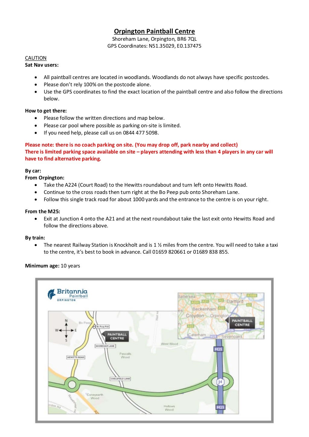 Britannia Orpington paintballing centre directions & map