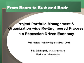 From Boom to Bust and Back Project Portfolio Management & Organization wide Re-Engineered Process In a Recession Driven Economy Saji Madapat,  CPIM, PMP, CIERP Buckman Laboratories PMI Professional Development Day - 2002 