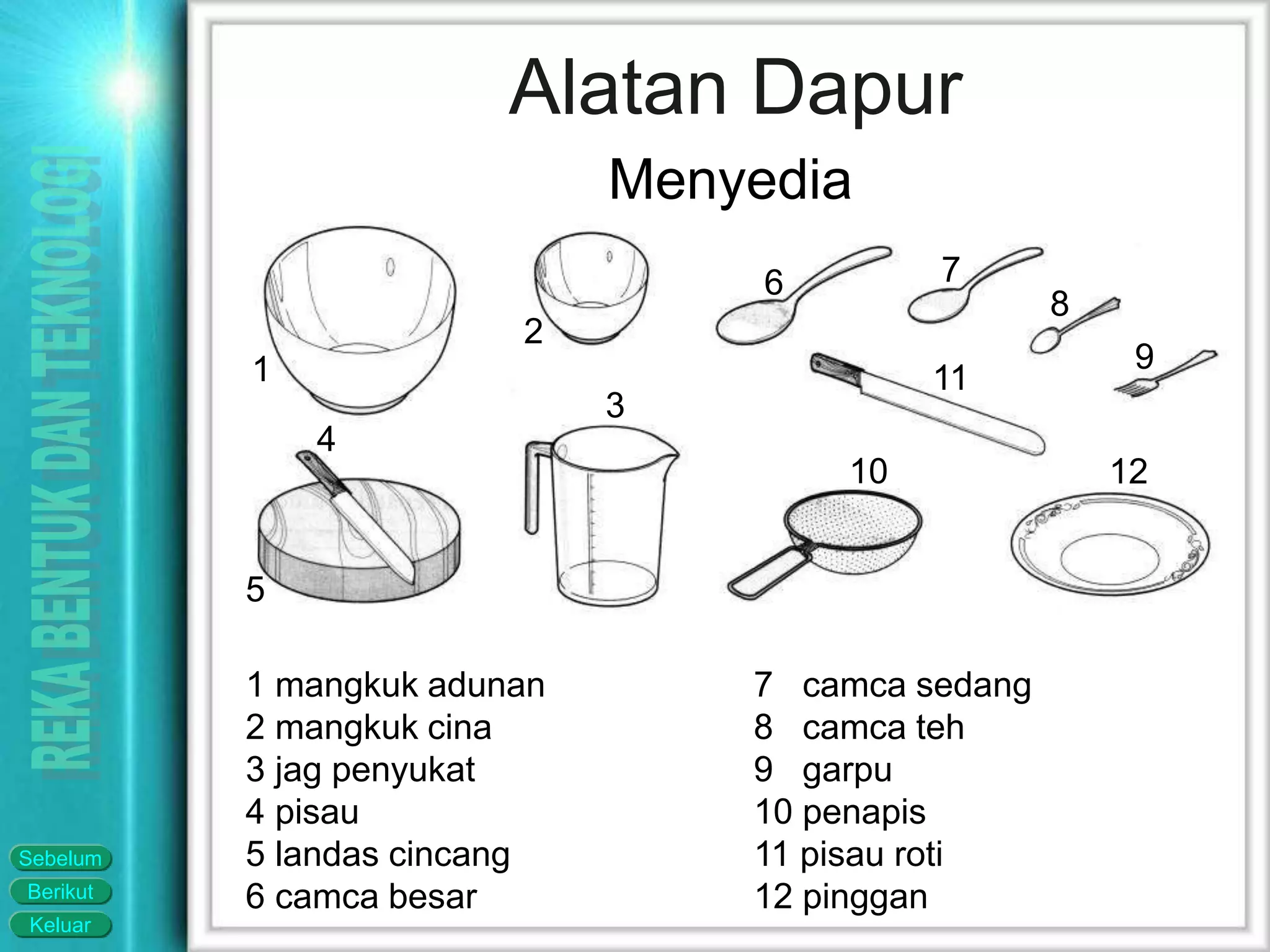 Keluar
Berikut
Sebelum
Alatan Dapur
7 camca sedang
8 camca teh
9 garpu
10 penapis
11 pisau roti
12 pinggan
1 mangkuk adunan
2 mangkuk cina
3 jag penyukat
4 pisau
5 landas cincang
6 camca besar
1
2
3
6
5
7
8
9
10
11
12
4
Menyedia
 