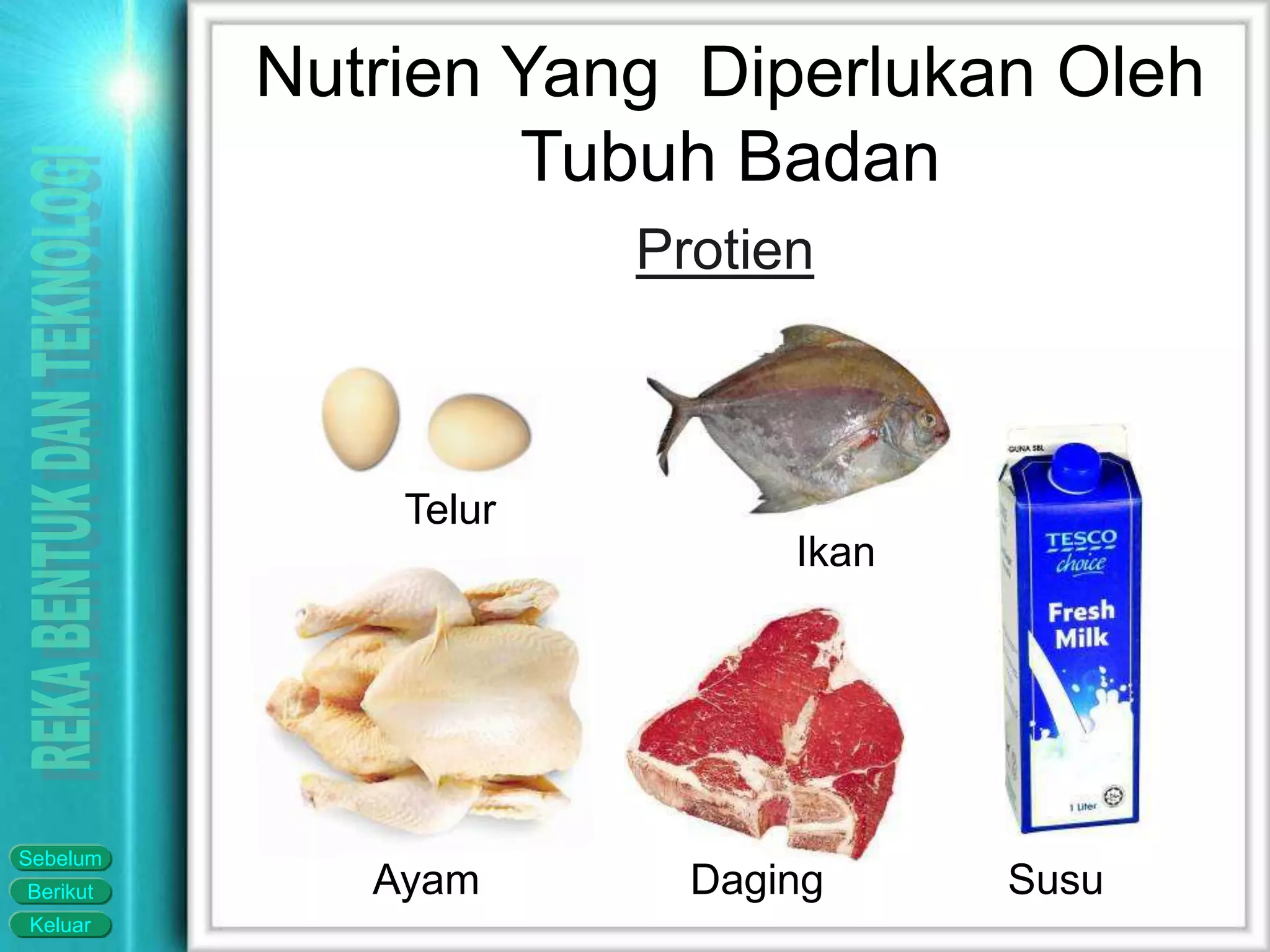 Keluar
Berikut
Sebelum
Protien
Ikan
Daging SusuAyam
Telur
Nutrien Yang Diperlukan Oleh
Tubuh Badan
 