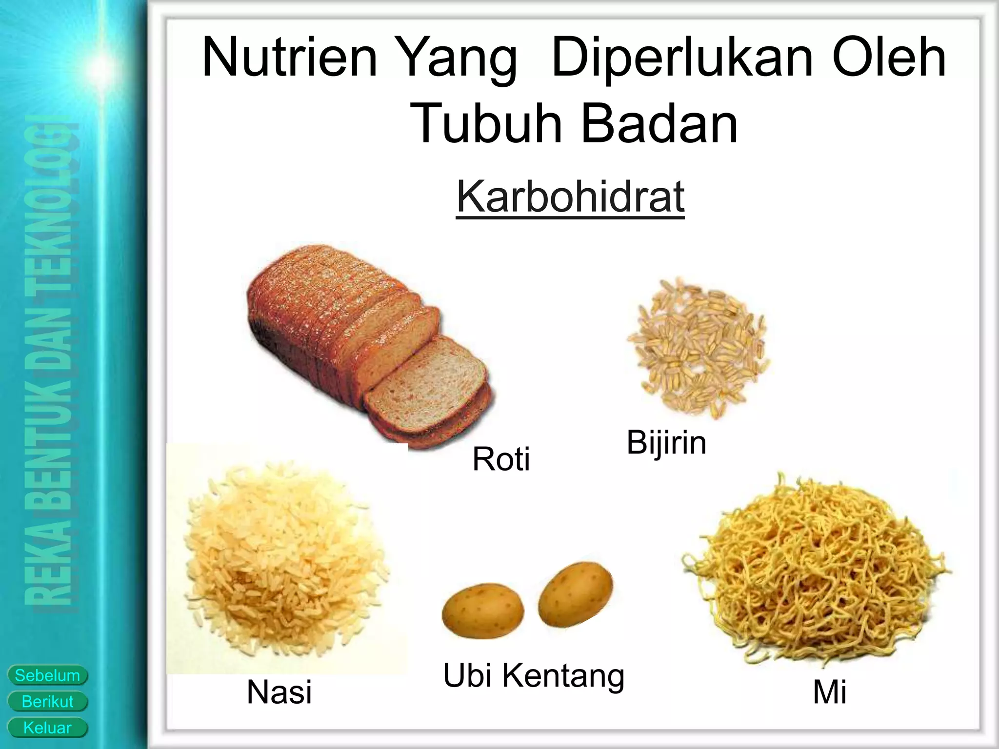 Keluar
Berikut
Sebelum
Nasi Ubi Kentang Mi
Bijirin
Roti
Karbohidrat
Nutrien Yang Diperlukan Oleh
Tubuh Badan
 