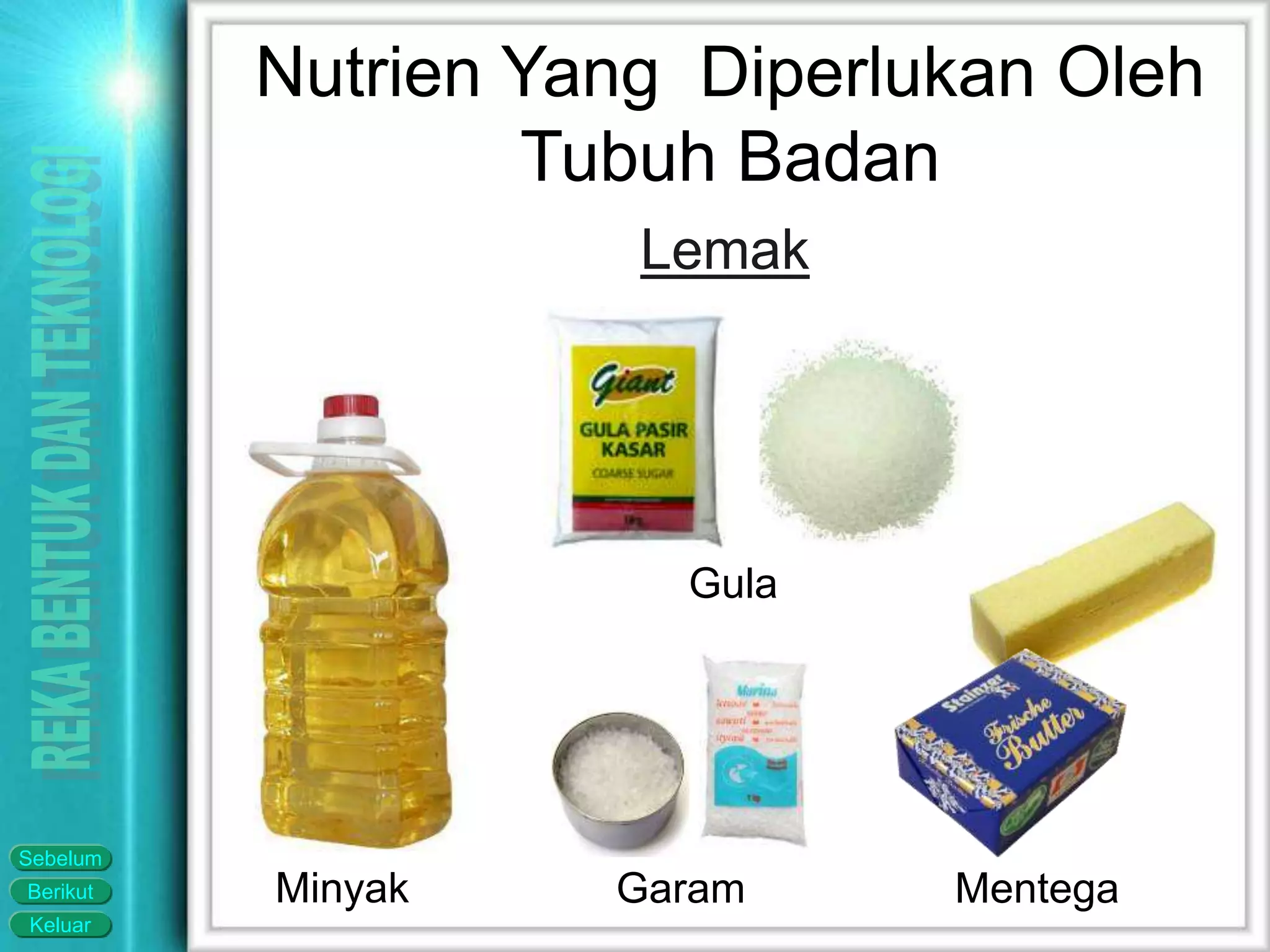 Keluar
Berikut
Sebelum
Minyak Garam Mentega
Gula
Lemak
Nutrien Yang Diperlukan Oleh
Tubuh Badan
 