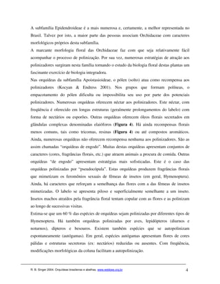 A subfamília Epidendroideae é a mais numerosa e, certamente, a melhor representada no
Brasil. Talvez por isto, a maior parte das pessoas associam Orchidaceae com caracteres
morfológicos próprios desta subfamília.
A marcante morfologia floral das Orchidaceae faz com que seja relativamente fácil
acompanhar o processo de polinização. Por sua vez, numerosas estratégias de atração aos
polinizadores surgiram nesta família tornando o estudo da biologia floral destas plantas um
fascinante exercício de biologia integradora.
Nas orquídeas da subfamília Apoistasioideae, o pólen (solto) atua como recompensa aos
polinizadores (Kocyan & Endress 2001). Nos grupos que formam políneas, o
empacotamento do pólen dificulta ou impossibilita seu uso por parte dos potenciais
polinizadores. Numerosas orquídeas oferecem néctar aos polinizadores. Este néctar, com
freqüência é oferecido em longas estruturas (geralmente prolongamentos do labelo) com
forma de nectários ou esporões. Outras orquídeas oferecem óleos florais secretados em
glândulas complexas denominadas elaióforos (Figura 4). Há ainda recompensas florais
menos comuns, tais como tricomas, resinas (Figura 4) ou até compostos aromáticos.
Ainda, numerosas orquídeas não oferecem recompensa nenhuma aos polinizadores. São as
assim chamadas “orquídeas de engodo”. Muitas destas orquídeas apresentam conjuntos de
caracteres (cores, fragrâncias florais, etc.) que atraem animais a procura de comida. Outras
orquídeas “de engodo” apresentam estratégias mais sofisticadas. Este é o caso das
orquídeas polinizadas por “pseudocópula”. Estas orquídeas produzem fragrâncias florais
que mimetizam os feromônios sexuais de fêmeas de insetos (em geral, Hymenoptera).
Ainda, há caracteres que reforçam a semelhança das flores com a das fêmeas de insetos
mimetizadas. O labelo se apresenta piloso e superficialmente semelhante a um inseto.
Insetos machos atraídos pela fragrância floral tentam copular com as flores e as polinizam
ao longo de sucessivas visitas.
Estima-se que um 60 % das espécies de orquídeas sejam polinizadas por diferentes tipos de
Hymenoptera. Há também orquídeas polinizadas por aves, lepidópteros (diurnos e
noturnos), dípteros e besouros. Existem também espécies que se autopolinizam
espontaneamente (autógamas). Em geral, espécies autógamas apresentam flores de cores
pálidas e estruturas secretoras (ex: nectários) reduzidas ou ausentes. Com freqüência,
modificações morfológicas da coluna facilitam a autopolinização.



R. B. Singer 2004. Orquídeas brasileiras e abelhas. www.webbee.org.br                    4
 