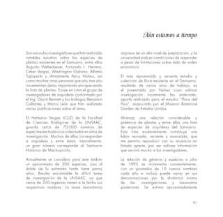 91
Son varios los investigadores que han realizado
notables estudios sobre las especies de
plantas existentes en el Santuario, entre ellos
Augusto Weberbauer, Fortunato L. Herrera,
César Vargas, Washington Galiano, Alfredo
Tupayachi y últimamente Percy Núñez, así
como muchas otras personas que año tras año
incrementan datos importantes enriqueciendo
la lista de plantas. Existe en Lima el grupo de
investigadores de orquídeas conformado por
el Ing. David Bennett y los biólogos Benjamín
Callantes y Marco León que han realizado
varias publicaciones sobre el tema.
El Herbario Vargas (CUZ) de la Facultad
de Ciencias Biológicas de la UNSAAC,
guarda cerca de 70,000 números de
especímenes botánicos colectados en años de
investigación. Muchos de ellos corresponden
a orquídeas y entre éstos, naturalmente,
un gran número corresponde al Santuario
Histórico de Machupicchu.
Actualmente se considera para este ámbito
un aproximado de 300 especies, casi el
doble de lo estimado hasta hace pocos
años. Resulta encomiable la difícil tarea
de investigación de la UNSAAC, ya que
cerca de 200 especies tienen a la fecha sus
respectivos nombres. La tarea taxonómica
requiere de un alto nivel de preparación, y la
universidad está en condiciones de responder
a pesar de limitaciones sobre todo de orden
económico.
El más aproximado y reciente estudio y
colección de flora existente en el Santuario,
resultado de varios años de trabajo, es
el presentado por Núñez cuya valiosa
investigación incrementa las anteriores;
aporte realizado para el estudio “Flora del
Perú”, auspiciado por el Missouri Botanical
Garden de Estados Unidos.
Alcanza una relación considerable y
polémica de plantas y entre ellas una lista
de especies de orquídeas del Santuario.
Esta lista evidentemente constituye una
labor revisada, reciente y avanzada, que
me permito reproducir con su anuencia en
listado aparte, por ser valiosa información
que servirá mucho a los investigadores.
La relación de géneros y especies a julio
de 1995 se incrementa constantemente,
con un promedio de 10 nuevos nombres
cada año e incluso puede variar en sus
denominaciones por la dinámica misma
de las investigaciones y taxonomía
posteriores. Se estima aproximadamente
Aún estamos a tiempo
 