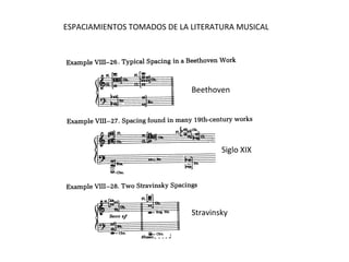 ESPACIAMIENTOS TOMADOS DE LA LITERATURA MUSICAL
Beethoven
Siglo XIX
Stravinsky
 