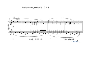 I ii m7 V4/2 I 6 I V6/4 (p)V 4/2 V
Schumann, melodía. C 1-8
 