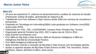 © 2018, Ambiente Livre. Todos direitos reservados. www.ambientelivre.com.br +55 (41) 3308-3438
Marcio Junior Vieira
Mini-CV
●
18 anos de experiência TI, vivência em desenvolvimento e análise de sistemas de Gestão
empresarial, analise de dados, aprendizado de máquina e BI.
●
Trabalhando com Free Software e Open Source desde 2000 com serviços de consultoria e
treinamento.
●
Graduado em Tecnologia em Informática(2004) e pós-graduado em Software Livre(2005)
ambos pela UFPR.
●
Palestrante em: FISL, TDC, LATINOWARE, Campus Party, Pentaho Day, Ticnova.
●
Organizador geral do Pentaho Day 2015, 2017 e apoio nas ed. 2013 e 2014.
●
Data Scientist na Ambiente Livre,
●
Prof. MBA em Big Data e Data Science, MBA em Business Intelligence e MBA em
Inteligência Articifial da Universidade Positivo.
●
Prof. MBA Inteligência Artificial da FIAP.
●
Data Scientist, Instrutor e consultor de Big Data e Data Science com tecnologias abertas.
●
Ajudou a capacitar equipes de Big Data e Data Science na IBM, Tivit, Accenture, Serpro,
NetShoes, Natura, Ministério Publíco, entre outras.
 