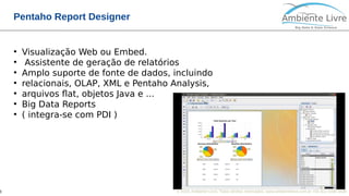© 2018, Ambiente Livre. Todos direitos reservados. www.ambientelivre.com.br +55 (41) 3308-34383
Pentaho Report Designer
●
Visualização Web ou Embed.
●
Assistente de geração de relatórios
●
Amplo suporte de fonte de dados, incluindo
●
relacionais, OLAP, XML e Pentaho Analysis,
●
arquivos flat, objetos Java e ...
●
Big Data Reports
●
( integra-se com PDI )
 