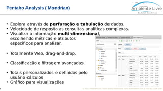 © 2018, Ambiente Livre. Todos direitos reservados. www.ambientelivre.com.br +55 (41) 3308-34384
Pentaho Analysis ( Mondrian)
●
Explora através de perfuração e tabulação de dados.
●
Velocidade de resposta as consultas analíticas complexas.
●
Visualiza a informação multi-dimensional,
escolhendo métricas e atributos
específicos para analisar.
●
Totalmente Web, drag-and-drop.
●
Classificação e filtragem avançadas
●
Totais personalizados e definidos pelo
usuário cálculos
●
Gráfico para visualizações
 