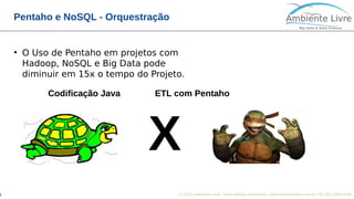 © 2018, Ambiente Livre. Todos direitos reservados. www.ambientelivre.com.br +55 (41) 3308-34381
Pentaho e NoSQL - Orquestração
●
O Uso de Pentaho em projetos com
Hadoop, NoSQL e Big Data pode
diminuir em 15x o tempo do Projeto.
Codificação Java ETL com Pentaho
X
 
