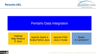 © 2018, Ambiente Livre. Todos direitos reservados. www.ambientelivre.com.br +55 (41) 3308-34380
Resumo AEL
Pentaho Data Integration
Hadoop
Map Reduce
E Java
Apache Spark e
Scala,Python,Java
Apache Flink
Java e Scala
Quem
é o próximo?
 