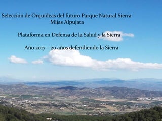 Selección de Orquídeas del futuro Parque Natural Sierra
Mijas Alpujata
Plataforma en Defensa de la Salud y la Sierra
Año 2017 – 20 años defendiendo la Sierra
 