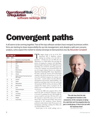 Convergent paths
It all seems to be coming together. Two of the top software vendors have merged, businesses within
firms are starting to share responsibility for op risk management, and, despite a split over scenario
analysis, some expect the market to slowly converge on best practices too. By Alexander Campbell


                                                   T
                                                             he biggest change at the top of the 2012
The ORR 20                                                   Operational Risk & Regulation software
2012   2011                                                  rankings has nothing to do with shifts in
1      1      Algorithmics/OpenPages/IBM           popularity – October last year saw IBM take over
2      4      Chase Cooper                         Algorithmics in a $380 million deal and begin the
                                                   process of merging the company with OpenPages,
3      2      SAS
                                                   which it bought in September 2010. Algorithmics and
4      6      Oracle
                                                   OpenPages were overall first and third, respectively,
5      7      BWise                                in last year’s rankings (www.risk.net/2070104); this
6      –      MetricStream                         year the merged company, listed in our rankings as
7      12     RiskBusiness                         Algorithmics/OpenPages/IBM, keeps Algorithmics’
8      14     Infosys                              first place, putting the Toronto and London-based
                                                   company at the top for the fourth year in a row. Out
9      5      Wolters Kluwer Financial Services/
              ARC Logics                           of our five individual categories, the company came
10     8      Avanon
                                                   top in three – scenario analysis, loss data collection,
                                                   and regulatory and economic capital modelling – and
11     13     Optial
                                                   picked up second place both in the risk control and
12     10     Methodware                           self-assessment (RCSA) and key risk indicator (KRI)
13     20     BPS Resolver                         categories.The merger comes as prospects for the
14     9      Cura                                 industry seem to be brighter than they have been in
15     –      Thomson Reuters                      several years.
16     15     Mega
                                                      A survey by ORR’s sister magazine Risk in 2011
                                                   found that 60% of financial institutions expected
17     17     List Group
                                                   to increase IT spending this year; 56% thought the
18     16     EVM Tech                             increase would be more than 10% from 2011, and                     “The old view that the risk
19     –      Infogix                              8% expected to spend 50% more on IT in 2012                      management function is the
20     –      Check Point                          than in 2011 (www.risk.net/2124365). And a survey          conscience of the company is dying –
                                                   conducted by UK consultancy Chartis Research
                                                   predicted a steady industry-wide 10% increase in risk
                                                                                                             it’s a job that can’t be properly done by
                                                   management technology, reaching $21 billion this          just a small group, it has to be out with
                                                   year and $23 billion in 2013.                                         the business lines”
                                                      Second place in the overall rankings went to                      John Kiddy, Chase Cooper


1                                                                                                                                         www.chasecooper.com
 