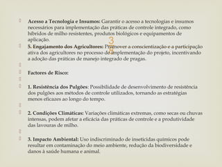 
 Acesso a Tecnologia e Insumos: Garantir o acesso a tecnologias e insumos
necessários para implementação das práticas de controle integrado, como
híbridos de milho resistentes, produtos biológicos e equipamentos de
aplicação.
 5. Engajamento dos Agricultores: Promover a conscientização e a participação
ativa dos agricultores no processo de implementação do projeto, incentivando
a adoção das práticas de manejo integrado de pragas.

 Factores de Risco:

 1. Resistência dos Pulgões: Possibilidade de desenvolvimento de resistência
dos pulgões aos métodos de controle utilizados, tornando as estratégias
menos eficazes ao longo do tempo.

 2. Condições Climáticas: Variações climáticas extremas, como secas ou chuvas
intensas, podem afetar a eficácia das práticas de controle e a produtividade
das lavouras de milho.

 3. Impacto Ambiental: Uso indiscriminado de inseticidas químicos pode
resultar em contaminação do meio ambiente, redução da biodiversidade e
danos à saúde humana e animal.
 