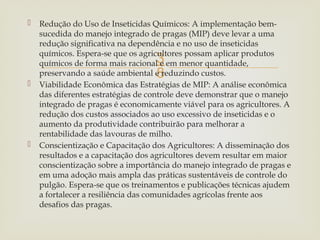 
 Redução do Uso de Inseticidas Químicos: A implementação bem-
sucedida do manejo integrado de pragas (MIP) deve levar a uma
redução significativa na dependência e no uso de inseticidas
químicos. Espera-se que os agricultores possam aplicar produtos
químicos de forma mais racional e em menor quantidade,
preservando a saúde ambiental e reduzindo custos.
 Viabilidade Econômica das Estratégias de MIP: A análise econômica
das diferentes estratégias de controle deve demonstrar que o manejo
integrado de pragas é economicamente viável para os agricultores. A
redução dos custos associados ao uso excessivo de inseticidas e o
aumento da produtividade contribuirão para melhorar a
rentabilidade das lavouras de milho.
 Conscientização e Capacitação dos Agricultores: A disseminação dos
resultados e a capacitação dos agricultores devem resultar em maior
conscientização sobre a importância do manejo integrado de pragas e
em uma adoção mais ampla das práticas sustentáveis de controle do
pulgão. Espera-se que os treinamentos e publicações técnicas ajudem
a fortalecer a resiliência das comunidades agrícolas frente aos
desafios das pragas.
 