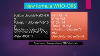 Sodium chloride(NaCl)-2.6
g
Potassium chloride(Kcl)-1.5
g
Trisodium citrate- 2.9 g
Anhydrous Glucose-13.5g
Water-1000 ml
New formula WHO-ORS
Na+- 75mM
K+-20 mM
Cl- 65 mM
Citrate- 10 mM
Anhydrous Glucose-75
mM
Osmolality- 245 mOsm/L
Based on stool composition of ETEC diarrhoea
 