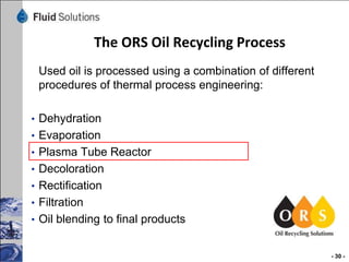 The ORS Oil Recycling Process
Used oil is processed using a combination of different
procedures of thermal process engineering:
• Dehydration
• Evaporation
• Plasma Tube Reactor
• Decoloration

• Rectification
• Filtration
• Oil blending to final products

- 30 -

 