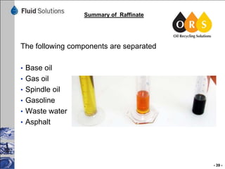 Summary of Raffinate

The following components are separated
• Base oil
• Gas oil
• Spindle oil

• Gasoline
• Waste water
• Asphalt

- 39 -

 
