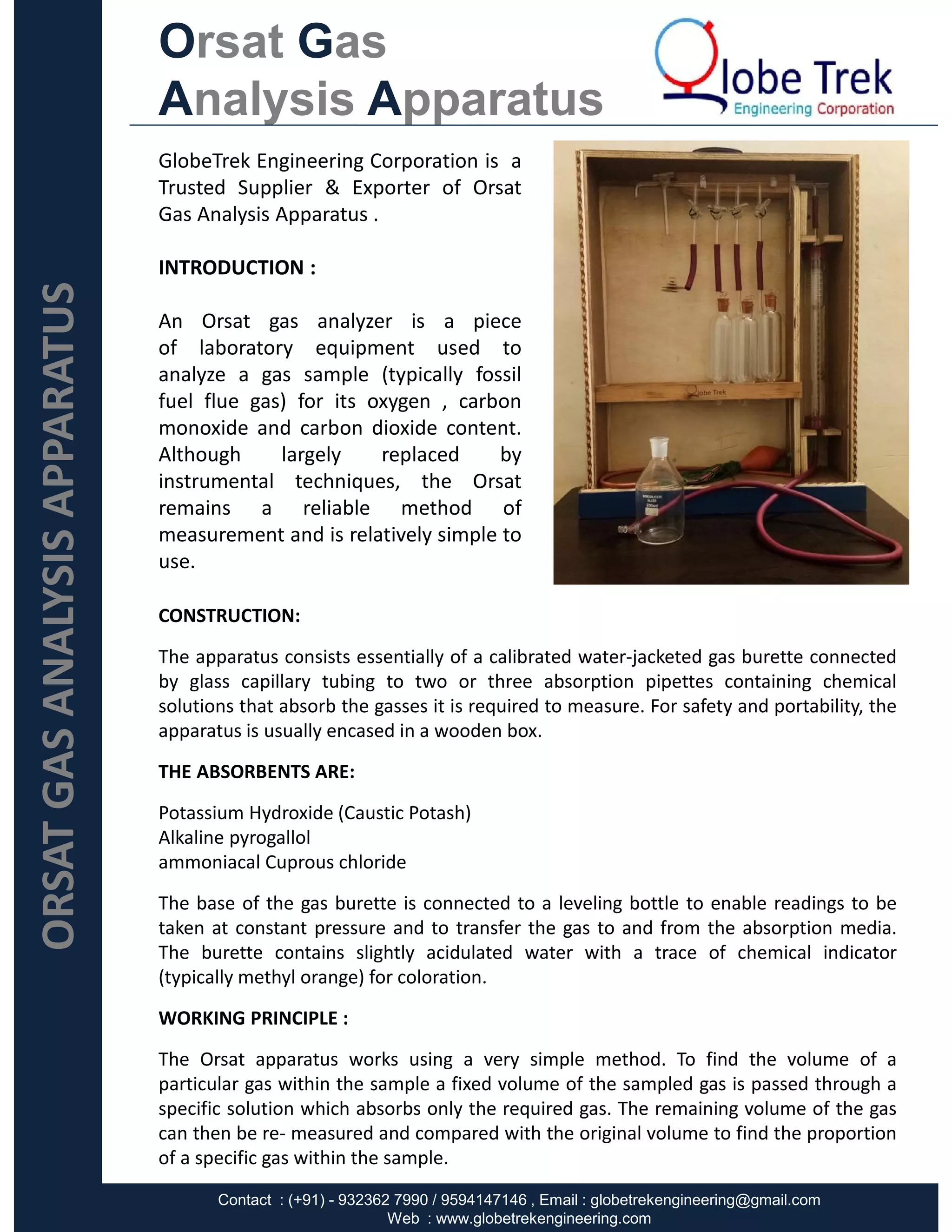 Orsat gas analysis Apparatus detail manufacturer specification PDF