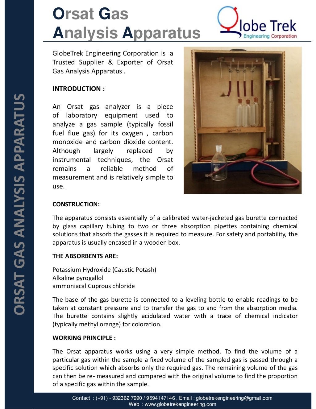 Orsat gas analysis Apparatus detail manufacturer specification