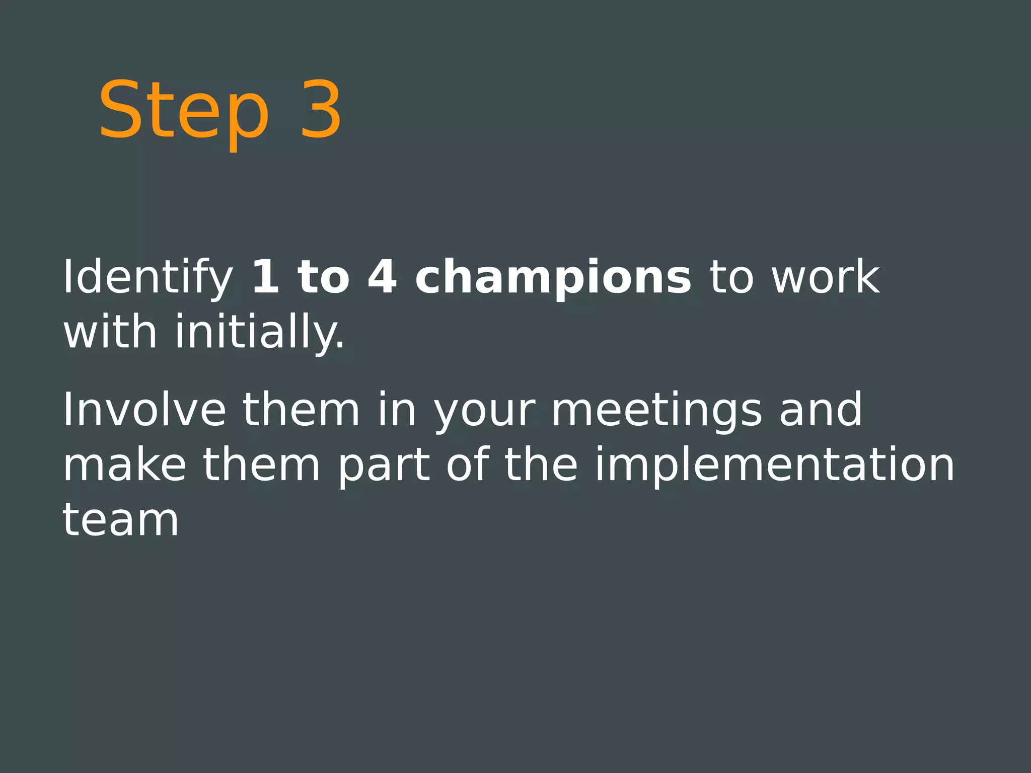 Step 3

Identify 1 to 4 champions to work
with initially.
Involve them in your meetings and
make them part of the implementation
team
 