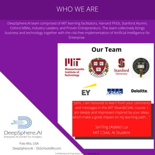 Confidential and Proprietary| © DeepSphere.AI, Inc.Confidential and Proprietary| © DeepSphere.AI, Inc.
DeepSphere.AI team comprised of MIT learning facilitators, Harvard PhDs, Stanford Alumni,
Oxford MBAs, Industry Leaders, and Proven Entrepreneurs. The team collectively brings
business and technology together with the risk-free implementation of Artificial Intelligence for
Enterprise.
Our Team
WHO WE ARE
"Jothi...I am honored to learn from your comments
and messages in the MIT Sloan&CSAIL course. I
am deeply and impressed inspired by your ideas
which make a great impact on my learning path... "
SinTing (Adele) Lui
MIT CSAIL AI Student
Confidential and Proprietary| © DeepSphere.AI, Inc.
DeepSphere.AI | DsSchoolofAI.com
Palo Alto, USA
 
