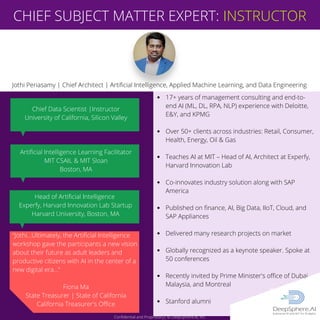 ©DeepSphere.AI, Inc.
17+ years of management consulting and end-to-
end AI (ML, DL, RPA, NLP) experience with Deloitte,
E&Y, and KPMG
Over 50+ clients across industries: Retail, Consumer,
Health, Energy, Oil & Gas
Teaches AI at MIT – Head of AI, Architect at Experfy,
Harvard Innovation Lab
Co-innovates industry solution along with SAP
America
Published on finance, AI, Big Data, IIoT, Cloud, and
SAP Appliances
Delivered many research projects on market 
Globally recognized as a keynote speaker. Spoke at
50 conferences
Recently invited by Prime Minister's office of Dubai,
Malaysia, and Montreal
Stanford alumni
Jothi Periasamy | Chief Architect | Artificial Intelligence, Applied Machine Learning, and Data Engineering
Chief Data Scientist |Instructor
University of California, Silicon Valley
Artificial Intelligence Learning Facilitator
MIT CSAIL & MIT Sloan
Boston, MA
Head of Artificial Intelligence
Experfy, Harvard Innovation Lab Startup
Harvard University, Boston, MA
“Jothi...Ultimately, the Artificial Intelligence
workshop gave the participants a new vision
about their future as adult leaders and
productive citizens with AI in the center of a
new digital era...”
Fiona Ma
State Treasurer | State of California
California Treasurer's Office
Confidential and Proprietary| © DeepSphere.AI, Inc.
CHIEF SUBJECT MATTER EXPERT: INSTRUCTOR
 