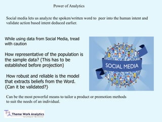Power of Analytics
While using data from Social Media, tread
with caution
How representative of the population is
the sample data? (This has to be
established before projection)
How robust and reliable is the model
that extracts beliefs from the Word.
{Can it be validated?}
Social media lets us analyze the spoken/written word to peer into the human intent and
validate action based intent deduced earlier.
Can be the most powerful means to tailor a product or promotion methods
to suit the needs of an individual.
 