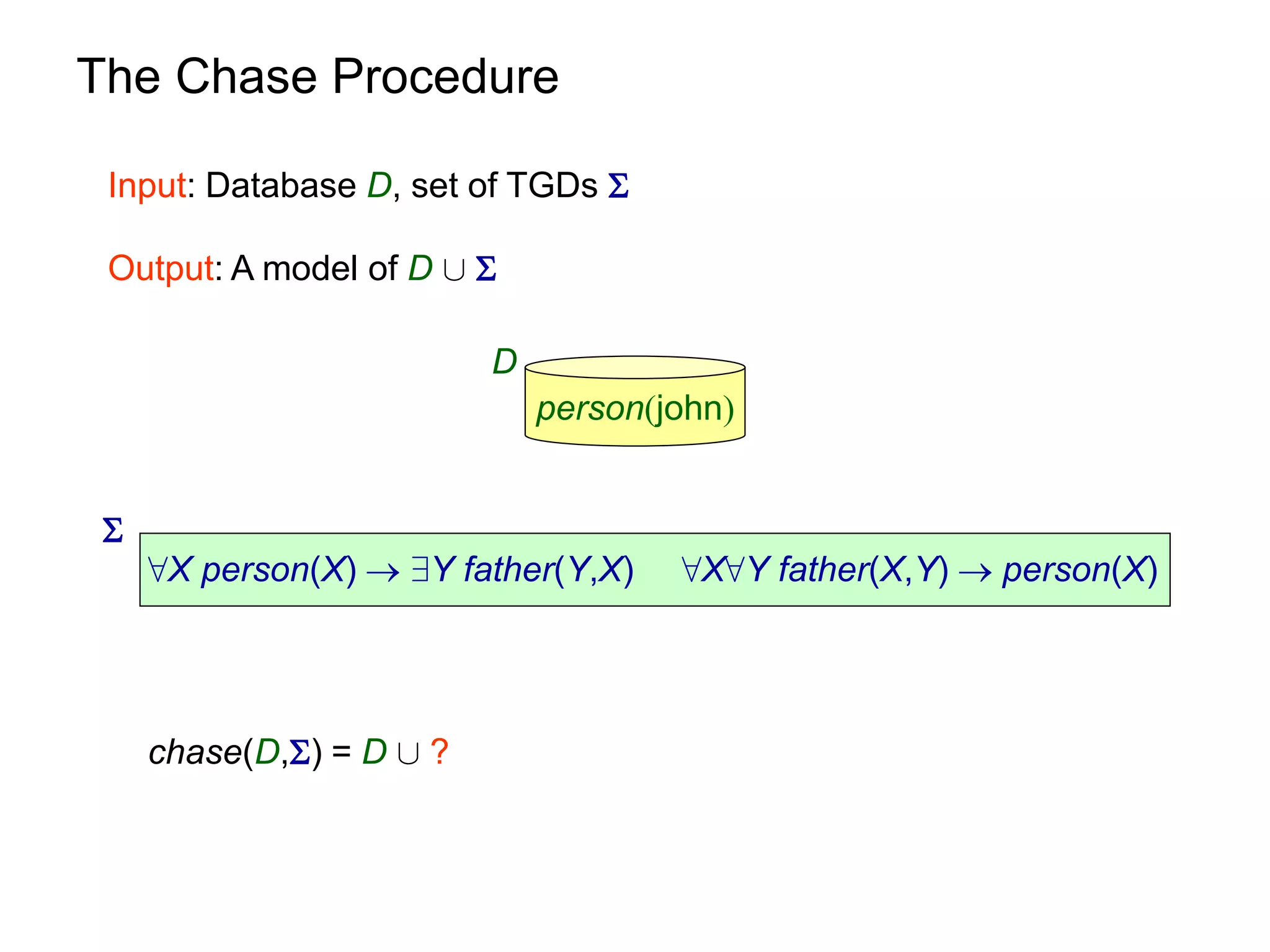 The Chase Procedure

 Input: Database D, set of TGDs 

 Output: A model of D [ 

                          D
                              person(john)


 
     8X person(X)  9Y father(Y,X)    8X8Y father(X,Y)  person(X)




     chase(D,) = D [ ?
 
