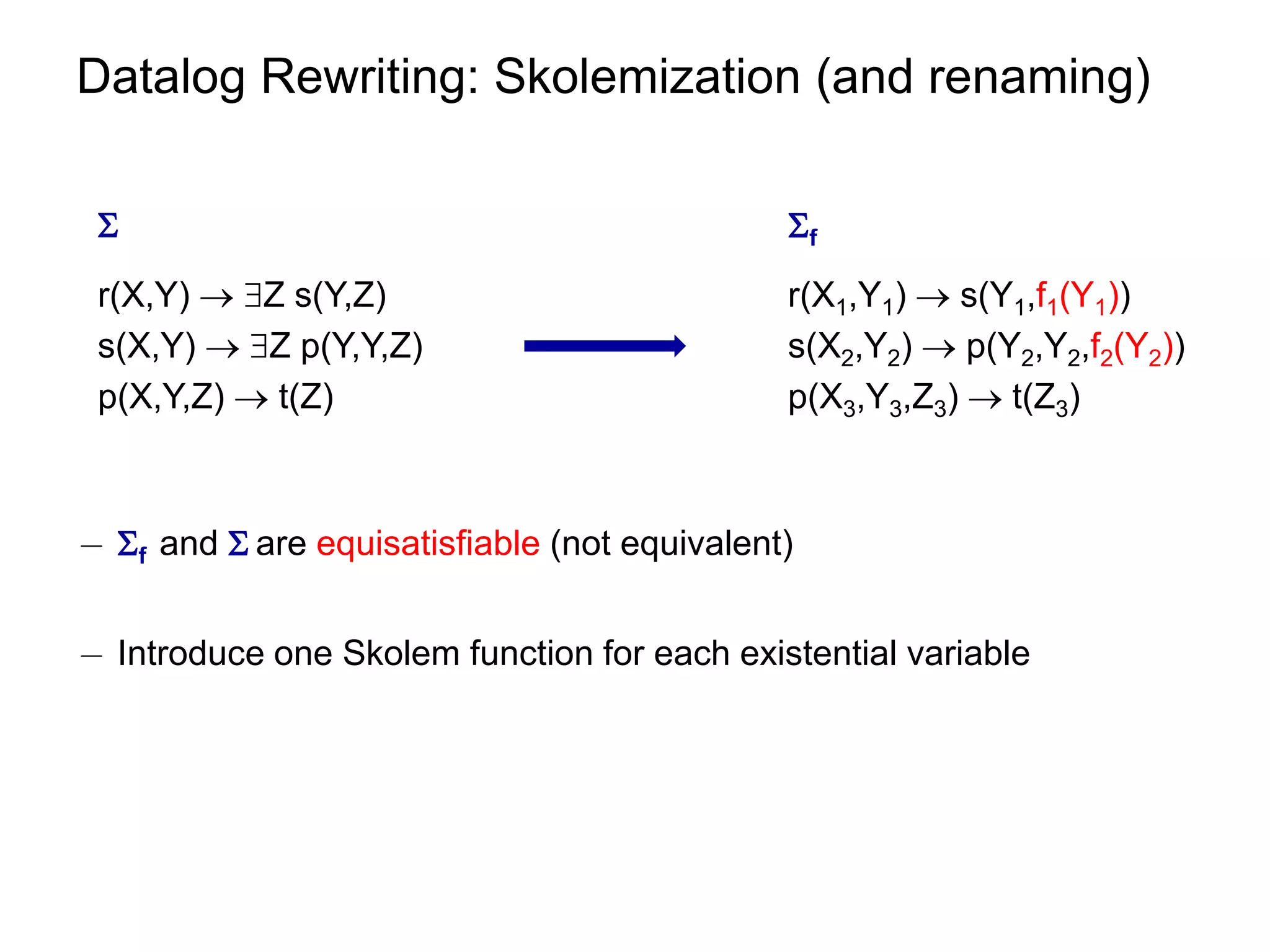 Datalog Rewriting: Skolemization (and renaming)

                                             f
 r(X,Y)  Z s(Y,Z)                           r(X1,Y1)  s(Y1,f1(Y1))
 s(X,Y)  Z p(Y,Y,Z)                         s(X2,Y2)  p(Y2,Y2,f2(Y2))
 p(X,Y,Z)  t(Z)                              p(X3,Y3,Z3)  t(Z3)



¡ f and  are equisatisfiable (not equivalent)


¡ Introduce one Skolem function for each existential variable
 