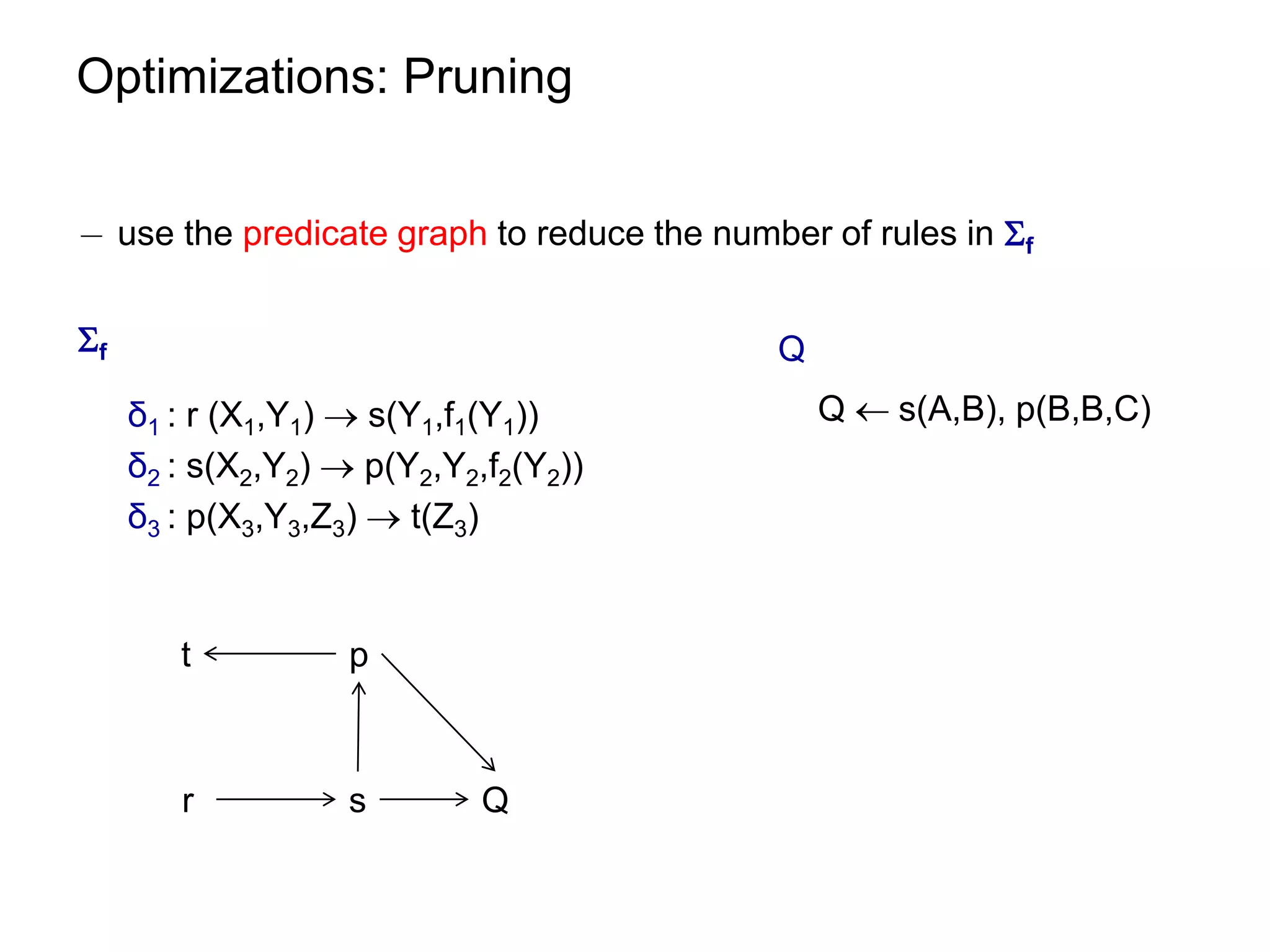 Optimizations: Pruning


¡ use the predicate graph to reduce the number of rules in f


f                                          Q
     δ1 : r (X1,Y1)  s(Y1,f1(Y1))              Q  s(A,B), p(B,B,C)
     δ2 : s(X2,Y2)  p(Y2,Y2,f2(Y2))
     δ3 : p(X3,Y3,Z3)  t(Z3)


        t           p



        r           s        Q
 